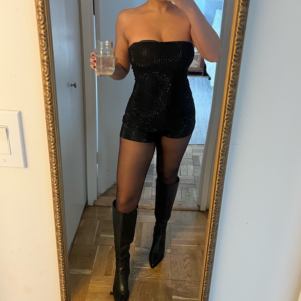 Black Strapless Sequin Romper